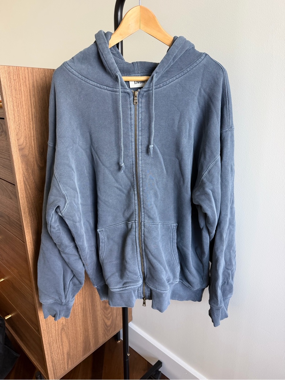 Elwood Organic Cotton Vintage Washed Waffle-Lined Zip-Up Hoodie Size M